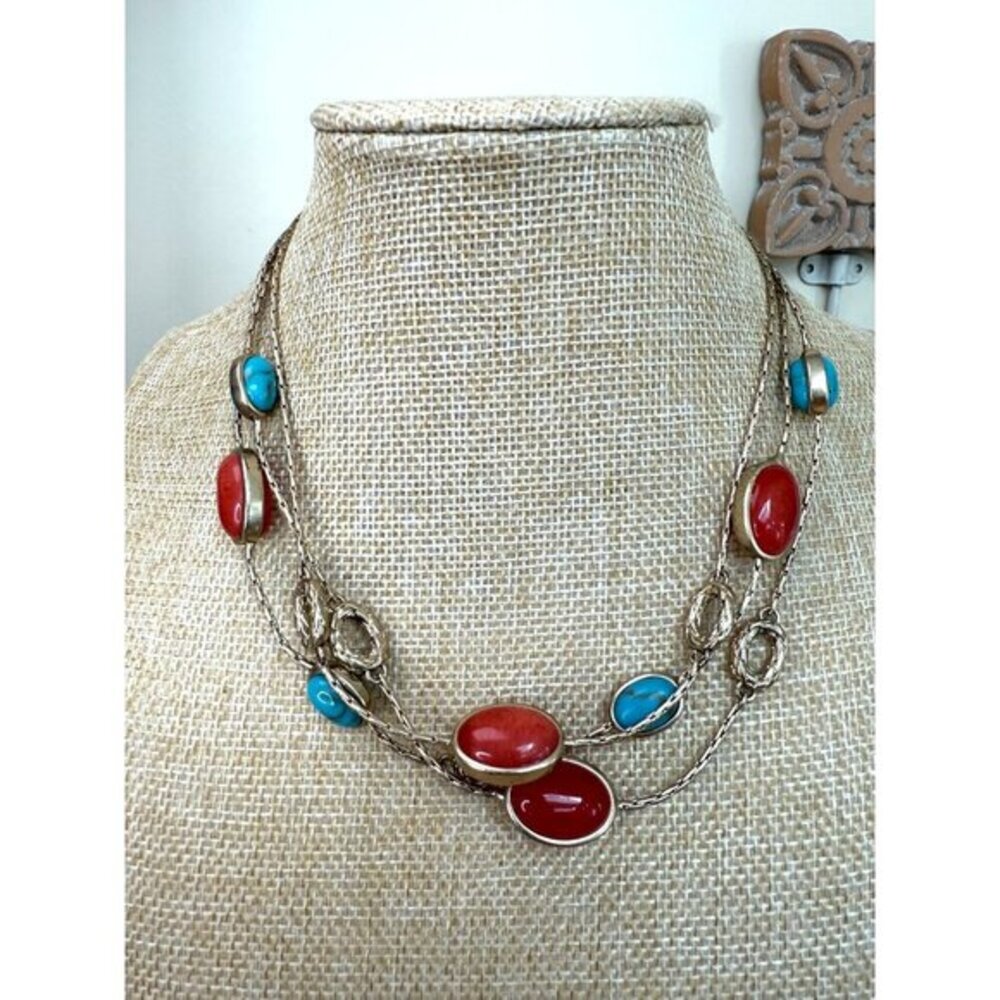 Monet Gold Tone Turquoise Red Cabochon Multi Strand Statement Necklace Vintage